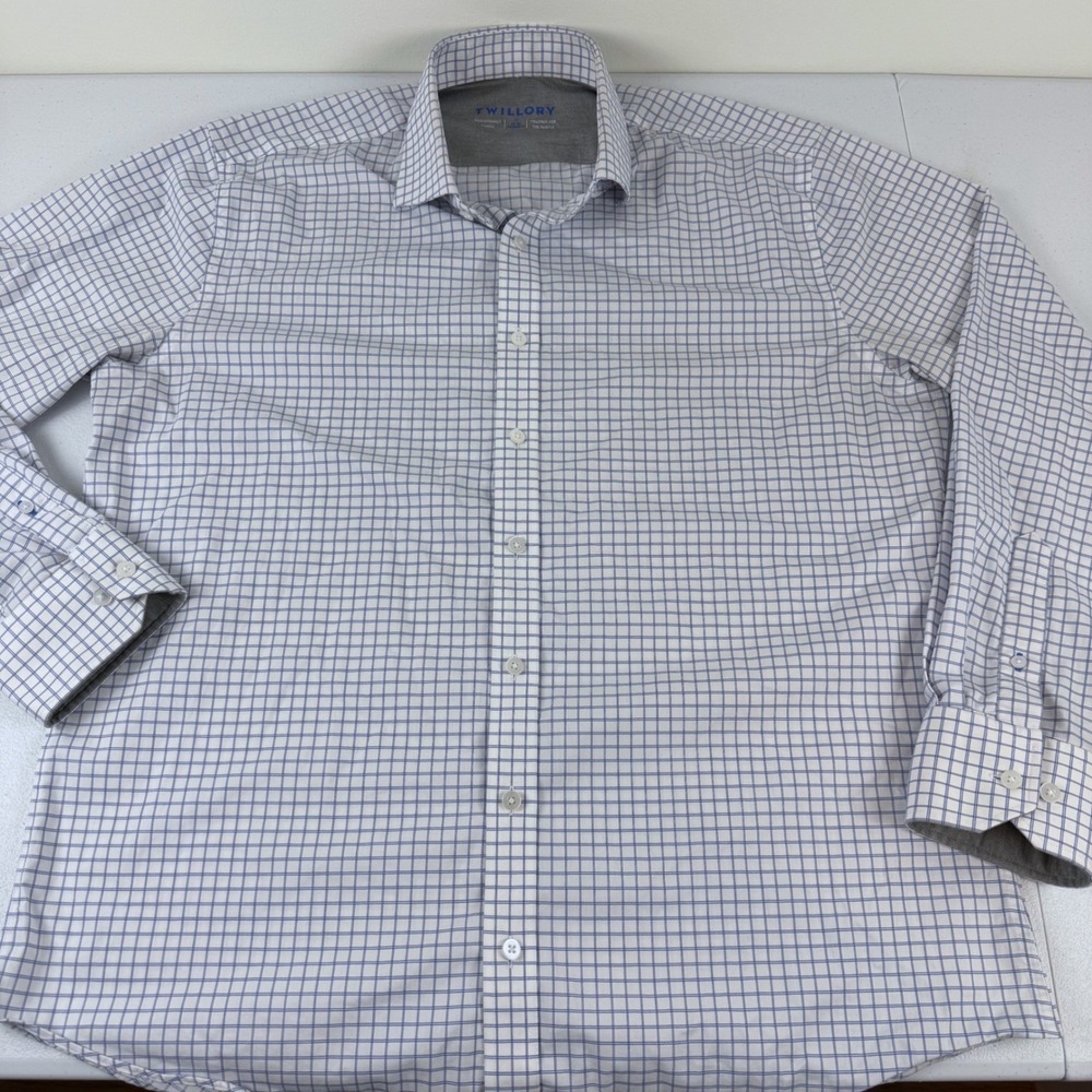 Twillory Performance Dress Shirt Mens 17 34-35 Tailored Fit Blue White Grid Chec
